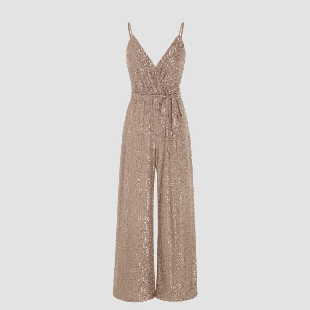 Cider SEQUIN V-NECK SOLID BELTED WIDE LEG JUMPSUIT XS CR2-21